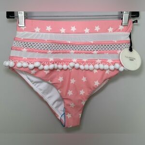 NWT Tularosa Revolve Pink White Star Pom Pom Bikini Bottom Mesh Stripe Swim XS